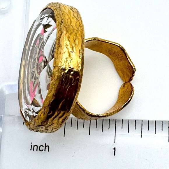 Silver Gold Vermeil Adjustable Hamsa Statement Ring Pink Textile Crystal Accent - Picture 5 of 12